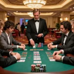 sp8beta players strategizing at high-stakes blackjack table in an upscale casino environment