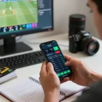 Engaged bettor using sin88 app for live sports betting with strategy notes beside them.