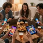 Engaging in H5 browser play at home with friends, showcasing vibrant slot game interfaces on smartphones and tablets.