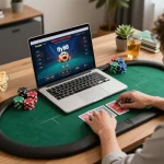 Engaging online poker gameplay on fly88 with cards and chips visible in a cozy home office setup.