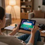 Player engaging with HM88 poker app on tablet in comfortable home setting.