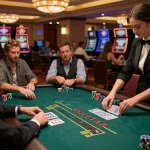 Players engaging in strategic blackjack gameplay at an upscale casino, showcasing VA88's gambling excitement