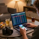 Bongdallu user engaging in live sports betting with a laptop and smartphone, showcasing strategic gameplay.