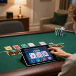 Engaged player enjoying LV88 online blackjack game in a stylish modern setting, showcasing gambling excitement.