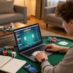 Player immersed in online poker gameplay with 23win, analyzing strategies in a cozy home setting.