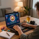 Engaging in online casino gameplay at home with LLWIN on laptop.