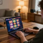 Luck8 user engaged in an online gambling session, showcasing casino app interface and cozy home environment.