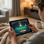 Engaged player enjoying an O8 live dealer game on tablet with cozy home ambiance.