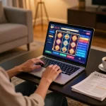 Engaging with sunwin online slot games on a modern laptop in a cozy home setting