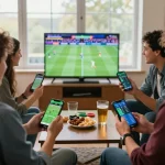 Friends engaging in sports betting using an app, with exciting live updates and FC88 betting options on screen.