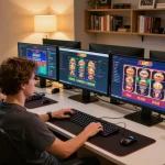 Engaged player using HB88 online casino platform on multiple screens in a cozy setup.