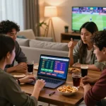 Friends enjoying an online gambling session with Link Lucky88 chính thức displayed on-screen