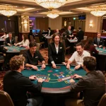 Engaged players at HD88 blackjack tables strategizing bets in a vibrant casino atmosphere.