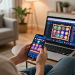 Play exciting slots at 78wintl with a smartphone in a cozy home gaming setup