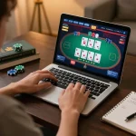 Player engaging in live poker on BL555, showcasing strategic play at home with a laptop and betting notes.