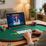 Engaging in dynamic online blackjack gameplay at home using xx88 platform, showcasing strategy and focus in a cozy setting.