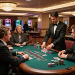 sky88co players strategizing at an exciting blackjack table in an upscale casino.