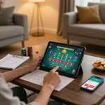 Person enjoying xx88 baccarat gameplay on tablet, showcasing strategic notes and snacks in cozy home setting.