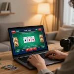KUBET player engaging in live casino gaming on a laptop in a cozy setting, showcasing strategic play.