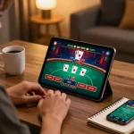 Engaging online poker gameplay at home, showcasing va88 tablet interface, strategic notes, and immersive atmosphere.
