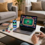 Engaging in online casino gaming on fabet with a laptop, surrounded by strategy books.