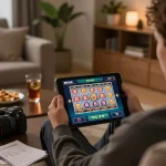 Engaging MU88 gameplay on tablet in cozy home setting, promoting responsible gambling.