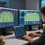 Person engaging in strategic sports betting analysis on nhandinhkeonhacai interface with multiple screens displaying odds.