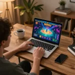 Engaged player enjoying nohu game on laptop, showcasing a cozy online casino environment.