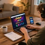 Engaging player using Onbet online casino platform on laptop, focused on strategic gaming.