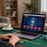Cảnh chơi game tại nhà hấp dẫn với gameplay poker LUCK8 trên laptop và các chip sẵn sàng để cược.