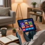 Engaging scene of a player using 78win app for online gaming in a cozy home setup.