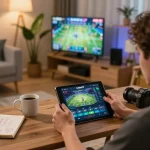 CakhiaTV user actively engaging with online sports betting from a modern living room setup.