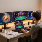 Players enjoying a diverse selection of NK88 casino games on multiple screens in a cozy home gaming setup.