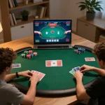 Engaging scene of online gaming featuring game bài đổi thưởng on laptop with players strategizing