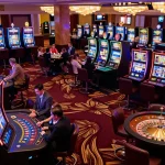 Players enjoying games at 555win's vibrant casino floor with lively slot machines and exciting atmosphere.