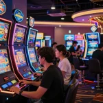 Players engaging with vibrant slot machines at 4444WIN casino, showcasing excitement and joy.