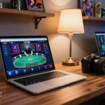 Engaging in an online poker game at SC88 casino with a stylish laptop setup.