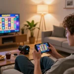 Engaged player enjoying CUCU777 slot games on mobile in cozy home setting, emphasizing responsible gaming.