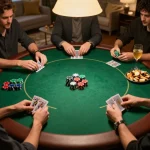Sunwin poker game in action at a home game night with players engaged and chips stacked prominently.