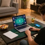 Experience 98win poker gameplay with engaging hands and strategic betting notes in a cozy home setup.