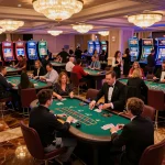 Players enjoying a thrilling game of blackjack at an upscale casino featuring iwin branded tables.