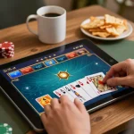 mb66 online poker game in a cozy home atmosphere, showing hand poised to play
