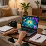Player engaging in Tài Xỉu gameplay on laptop at home, reflecting taixiuonline8 gaming strategies