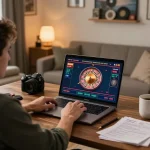 Engaged in a live dealer game at home, showcasing luck8 gaming strategy.