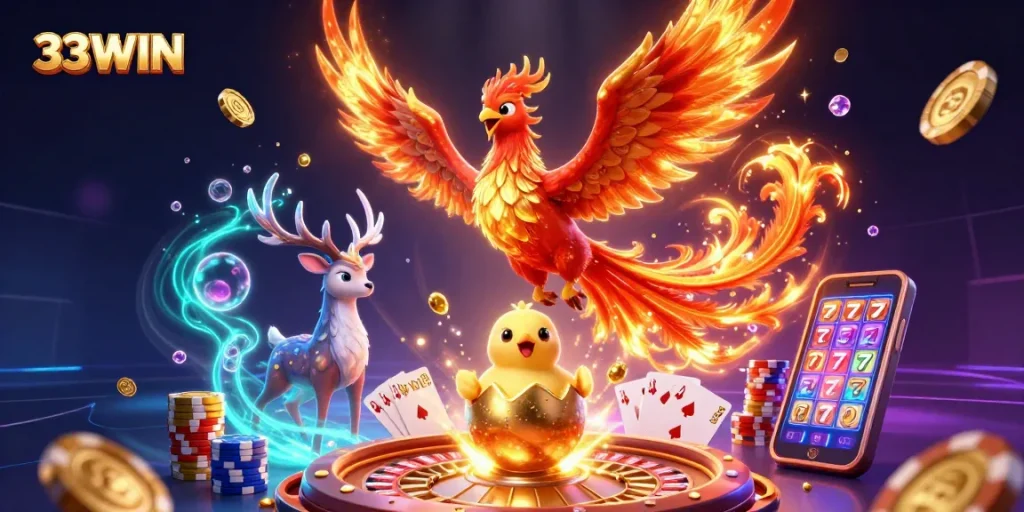 Win big with 33WIN at this vibrant casino scene featuring a fire phoenix and golden coins.