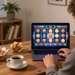 Playing an exciting U888 slot game on a laptop in a cozy home setting