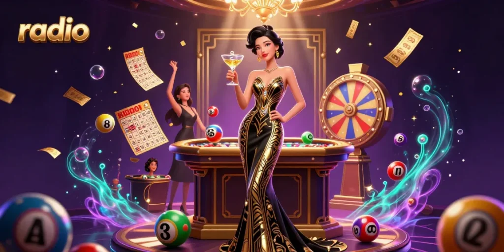 Experience thrilling gambling action with the radio-themed vibrant casino illustration featuring dynamic games.