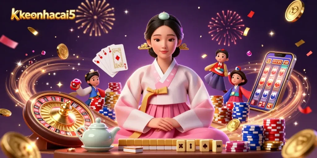 Engage with keonhacai5 through an elegant Asian woman playing traditional games and surrounded by vibrant casino elements.