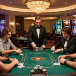 Engaged players strategizing at a high-stakes poker table at JUN88 casino.