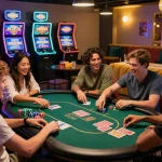 Exciting game night at MM88 online casino with friends enjoying poker and vibrant atmosphere.